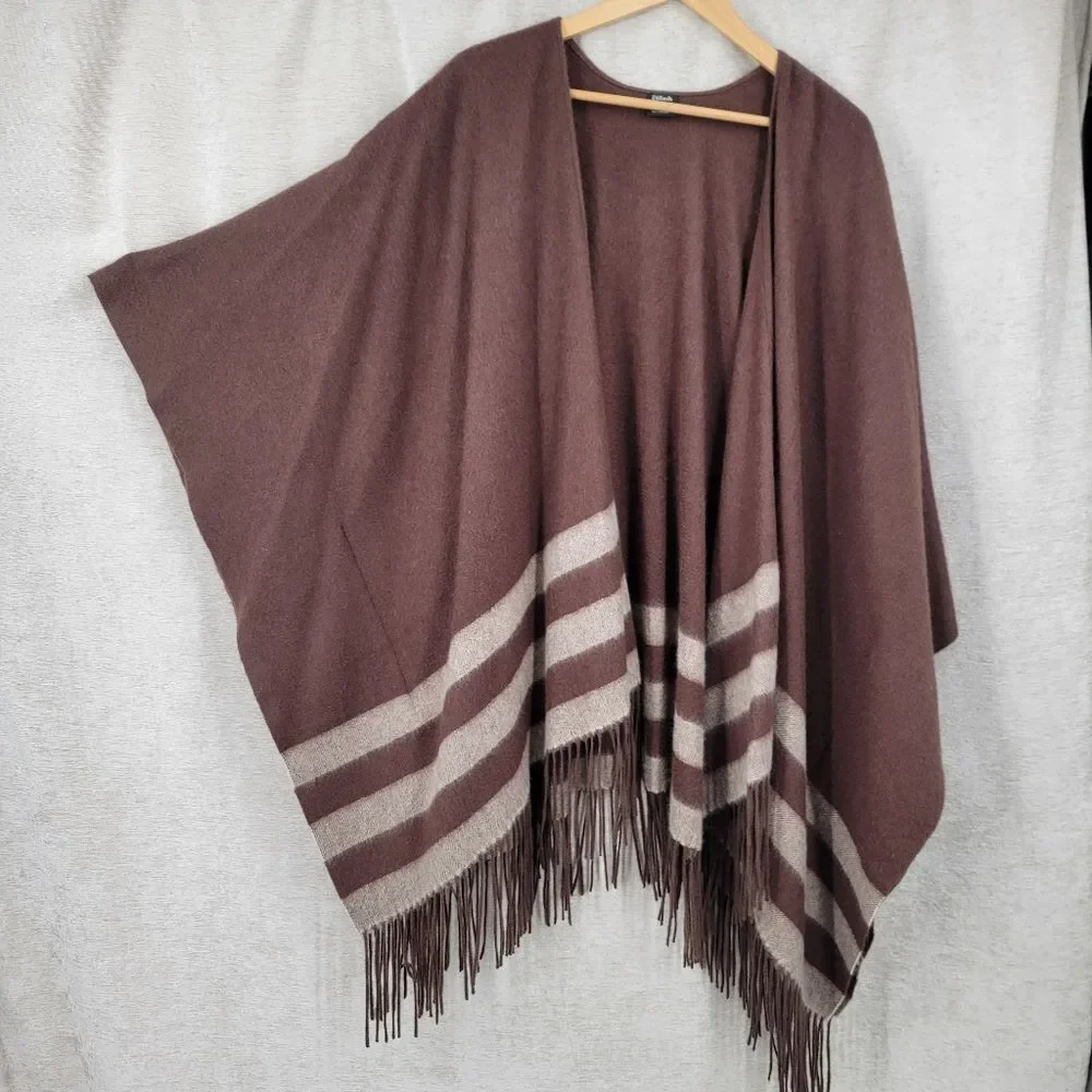 Wool Cashmere Brown Fringe Ruana Poncho with Stripes